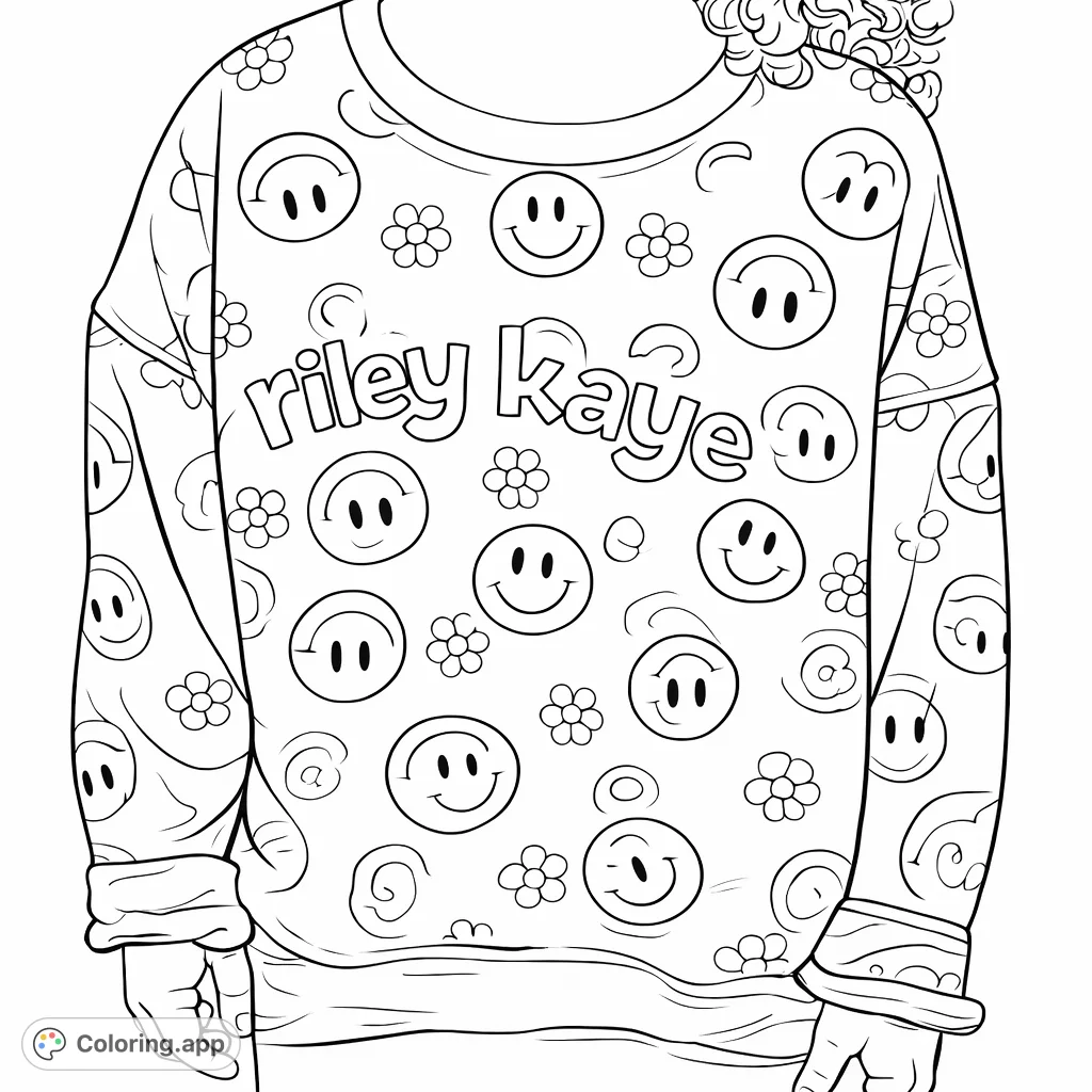 A whimsical sweatshirt coloring page featuring a dense, repeating pattern of happy smiley faces, delicate flowers, tiny stars, and a custom name.