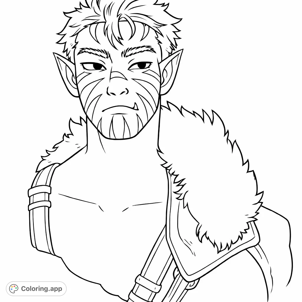 Dive into this fantasy warrior coloring page, featuring a detailed character with unique facial markings, pointed ears, tusks, and rugged fur attire. Perfect for creative exploration.