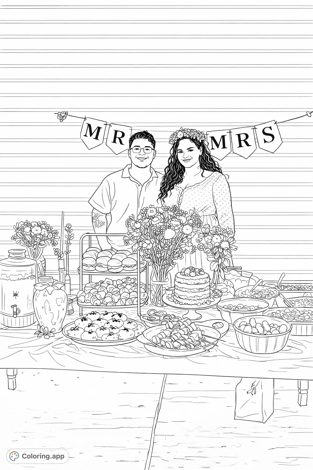 A joyous couple stands behind a table laden with a tiered cake, diverse treats, and vibrant floral arrangements, celebrating a special moment.