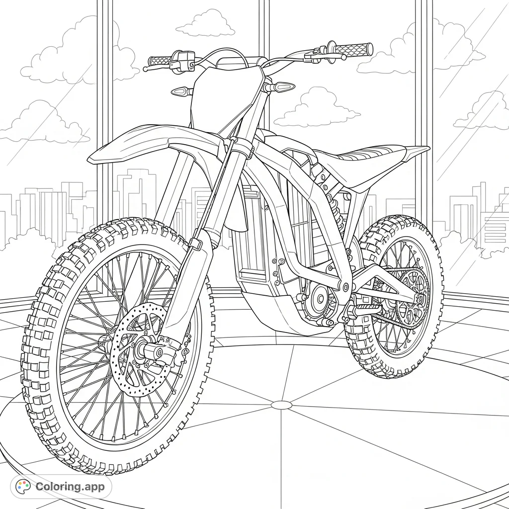 Color a detailed electric dirt bike in a sleek showroom, featuring intricate mechanical parts and a modern city skyline. Perfect for vehicle enthusiasts!