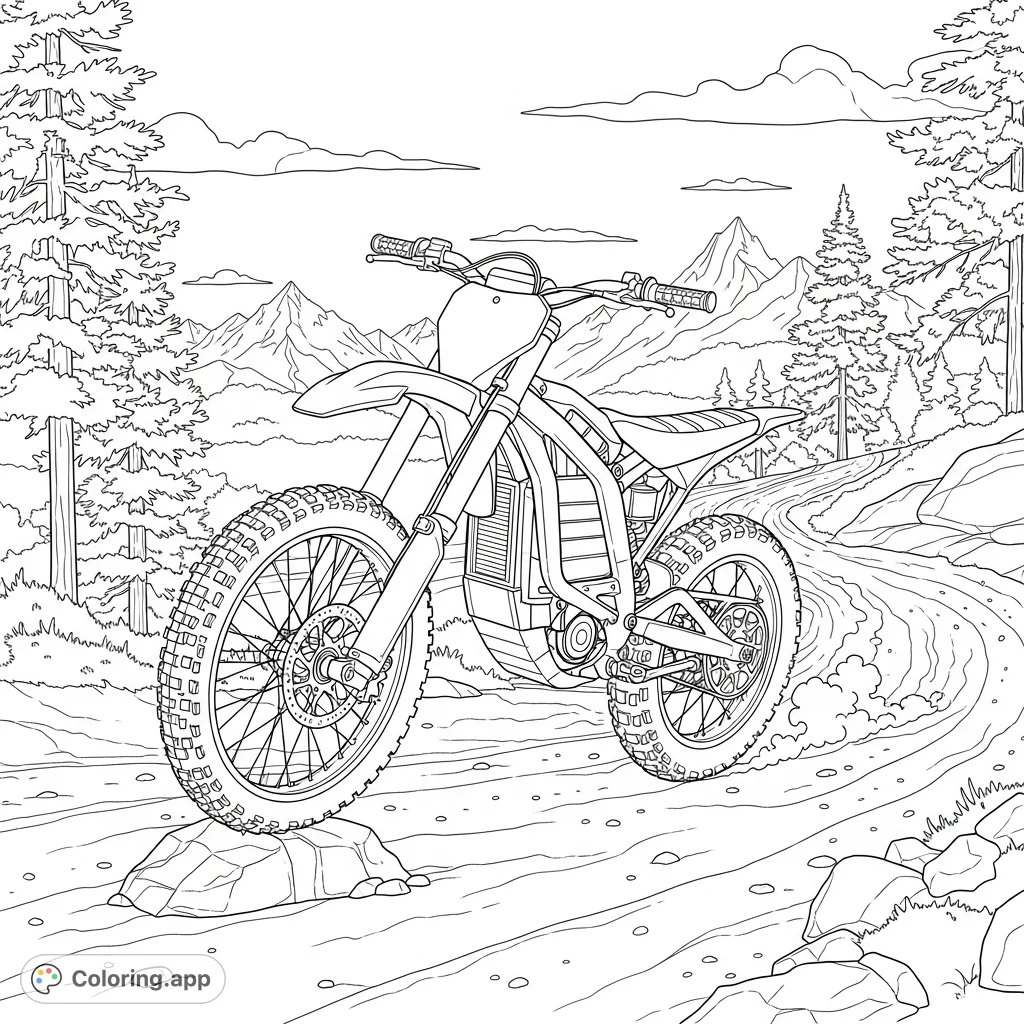 Experience the thrill of an electric dirt bike conquering a rugged trail. This detailed coloring page features dynamic action, mechanical intricacies, and scenic mountain views.