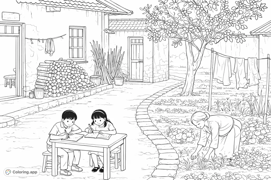 Immerse yourself in a charming rural courtyard scene featuring children studying, an elder tending a garden, and traditional village elements.