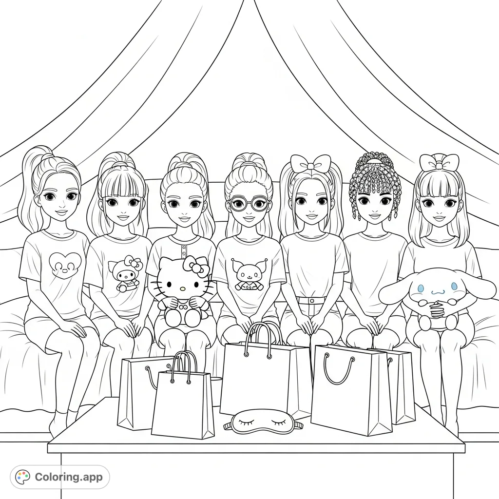 Six smiling girls with diverse hairstyles and favorite plush toys gathered for a sleepover, surrounded by fun accessories in a cozy tent setting.