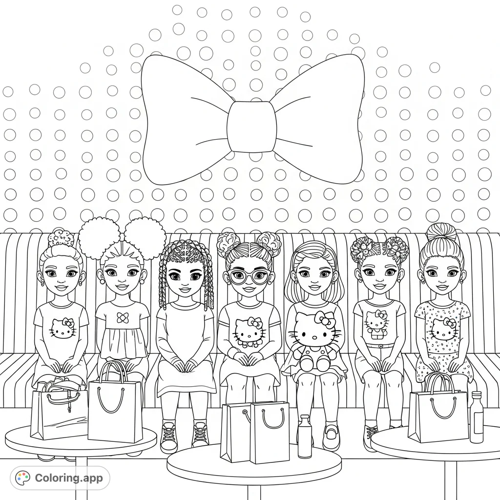 Discover a joyful scene with six smiling girls, featuring diverse hairstyles, fashion, and playful details like Hello Kitty and shopping bags. A fun coloring page!