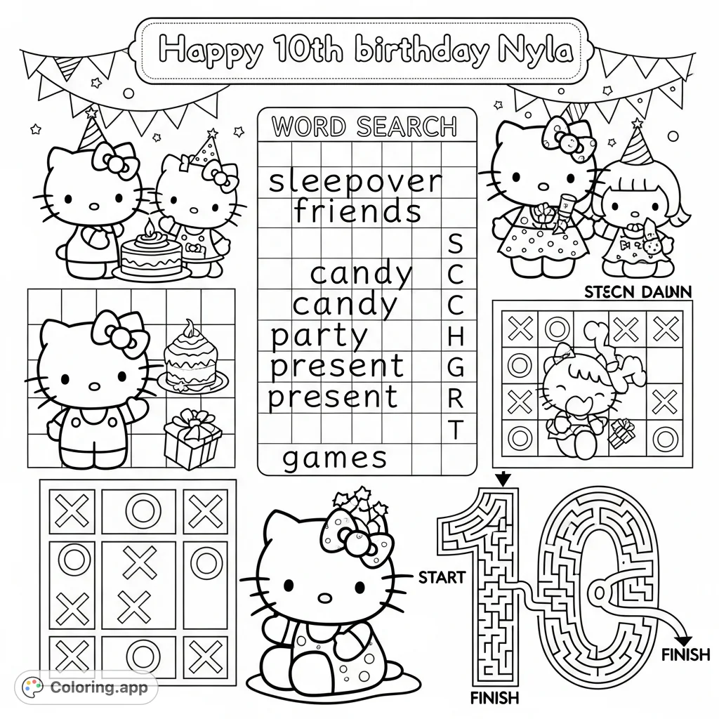 Celebrate with Hello Kitty and Friends on this personalized activity sheet featuring a word search, tic-tac-toe games, and a fun maze. Perfect for Nyla's 10th birthday!