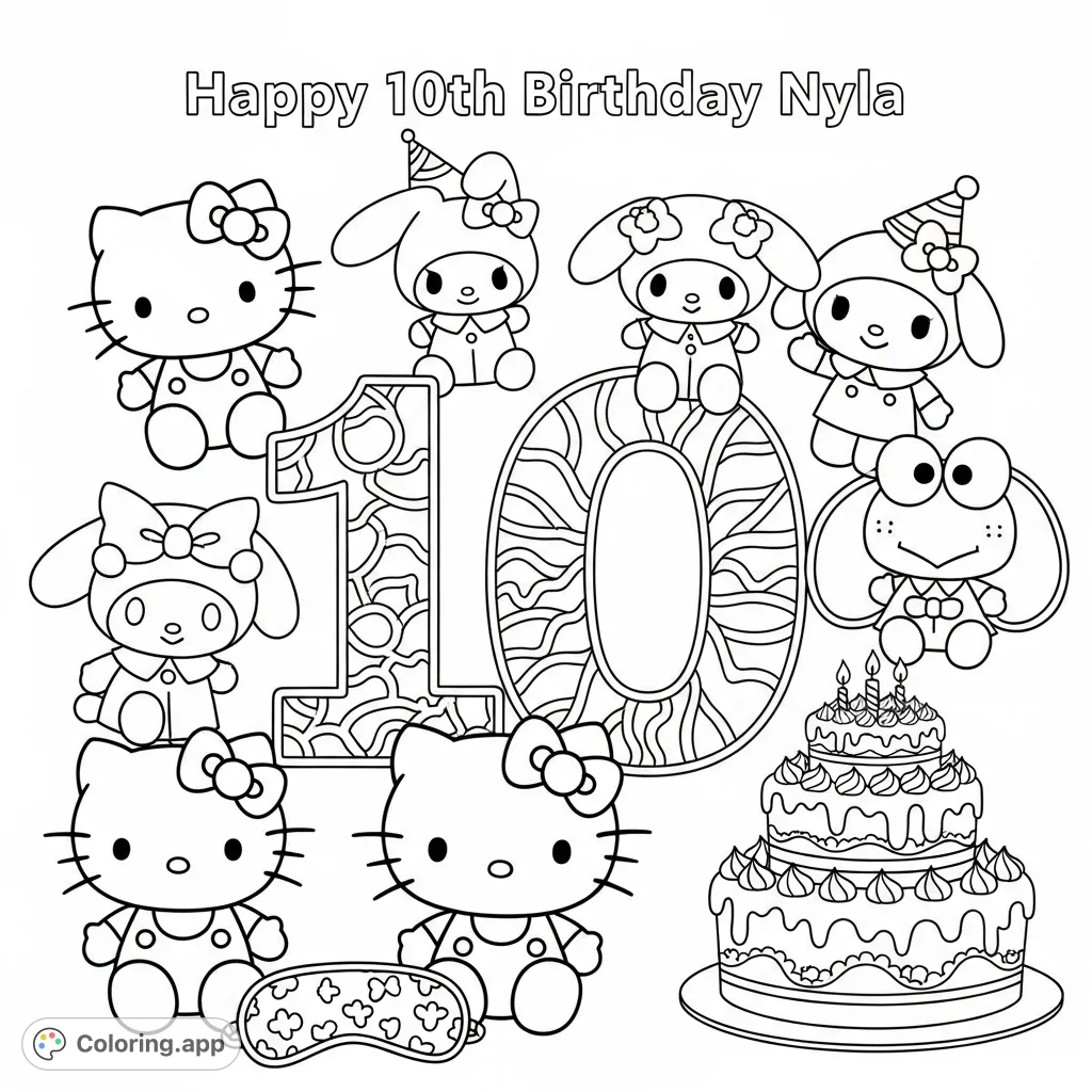 Celebrate Nyla's 10th birthday with a charming Hello Kitty and friends coloring page! Features a festive cake, number 10, and adorable plushies for endless fun.