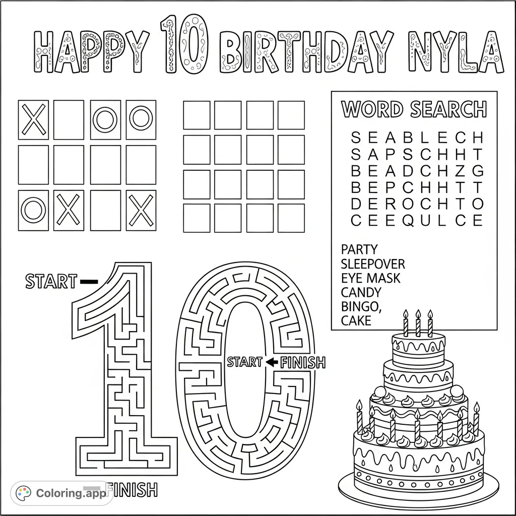 A fun personalized activity sheet for Nyla's 10th birthday sleepover, featuring tic-tac-toe, a '10' maze, a word search, and a cake to color.