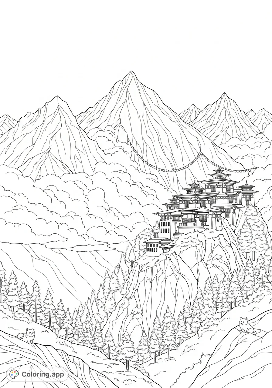 Explore a majestic Bhutan mountains coloring page with towering Himalayan peaks, dramatic clouds, traditional Dzong architecture, and prayer flags for a serene experience.
