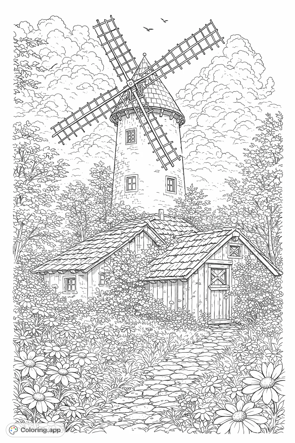 Discover a charming windmill and cozy cottage nestled among abundant wildflowers and lush foliage. A peaceful, intricate rural scene awaits your creative touch.