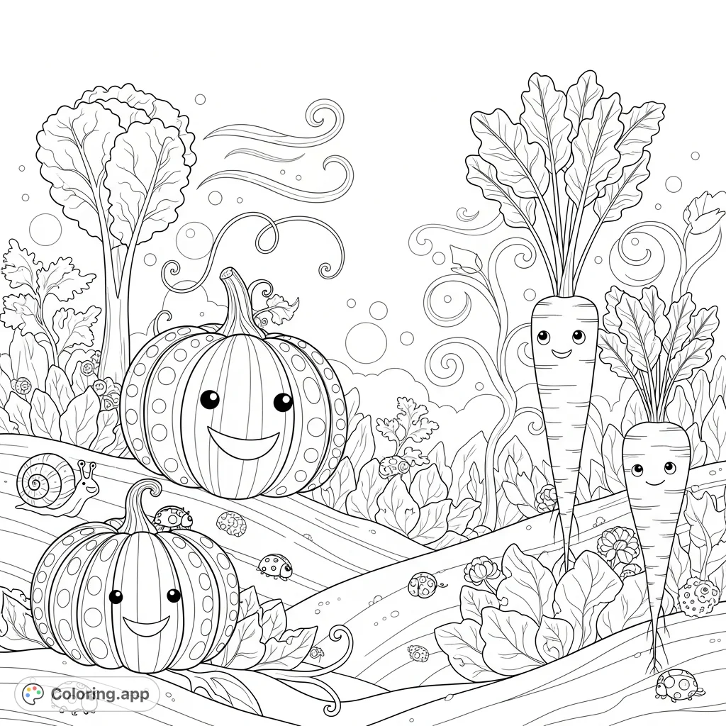 Enter a whimsical world where smiling vegetables and tiny creatures inhabit a magical garden, filled with intricate patterns and floating elements. A delightful escape!