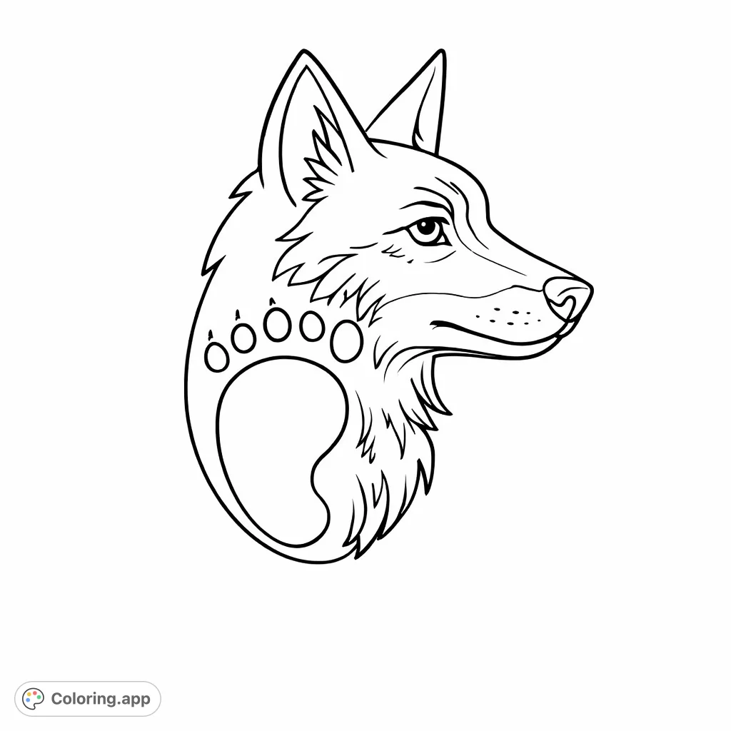 Discover this unique wolf head coloring page featuring a striking profile integrated with a stylized paw print. A captivating design for all animal lovers!