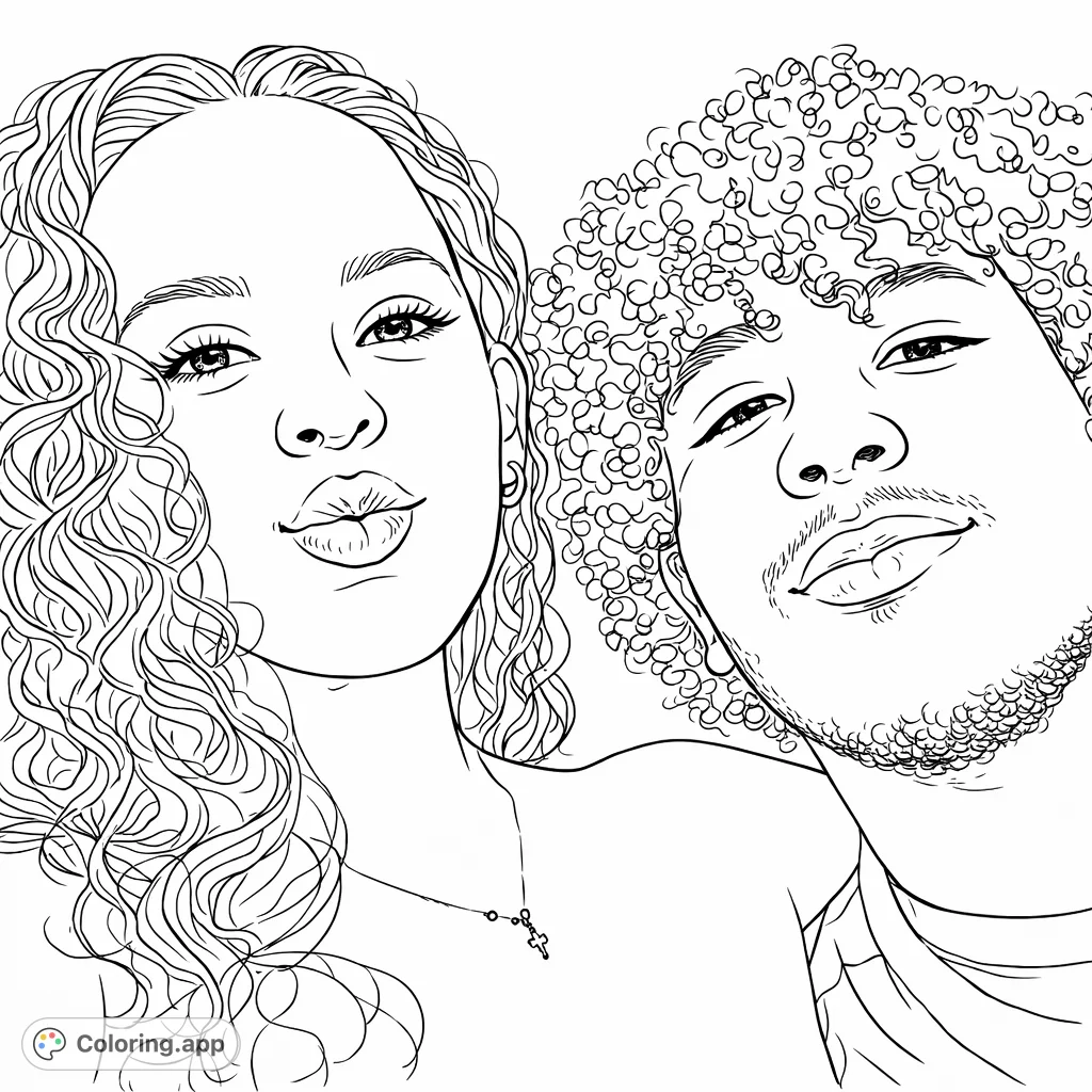 A charming close-up portrait of two individuals, featuring detailed facial expressions and curly hairstyles. Perfect for adding your personal touch.