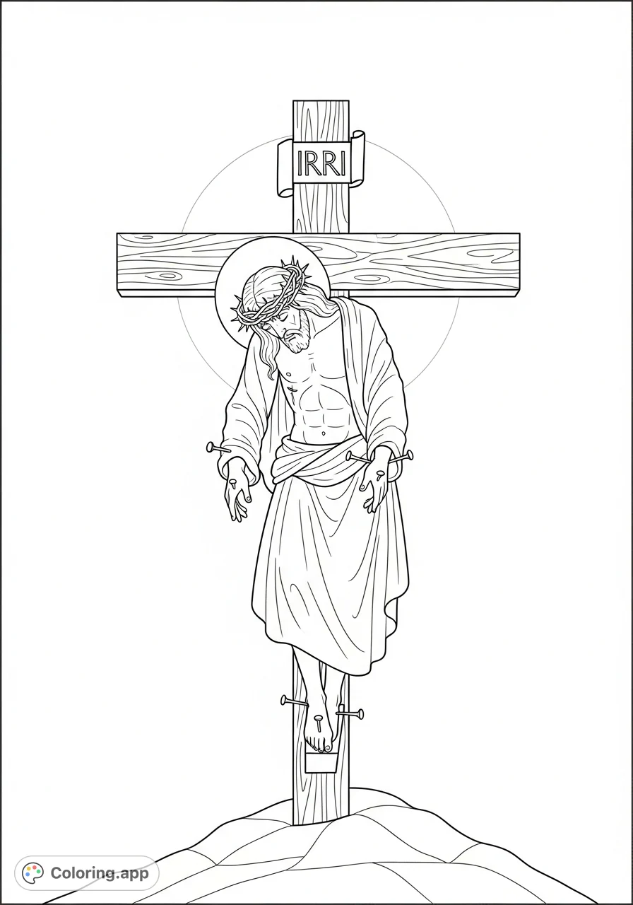 A solemn depiction of Jesus on the cross, emphasizing contemplation and reverence. Ideal for spiritual reflection and meditative coloring.