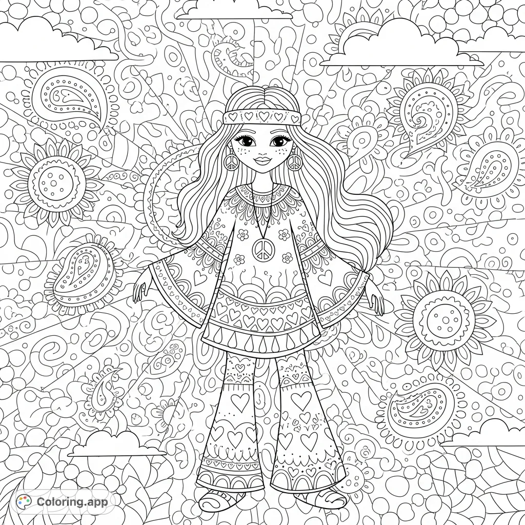 A whimsical hippie girl coloring page set against a vibrant, swirling psychedelic background with intricate patterns and peace symbols, offering a peaceful coloring experience.