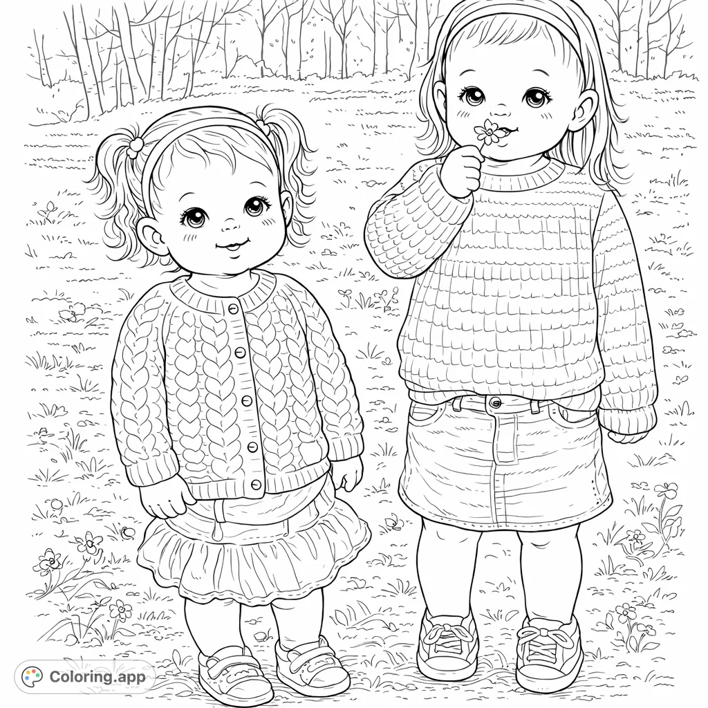 Adorable baby figures exploring a gentle forest setting. A delightful baby forest play coloring page perfect for creative expression.
