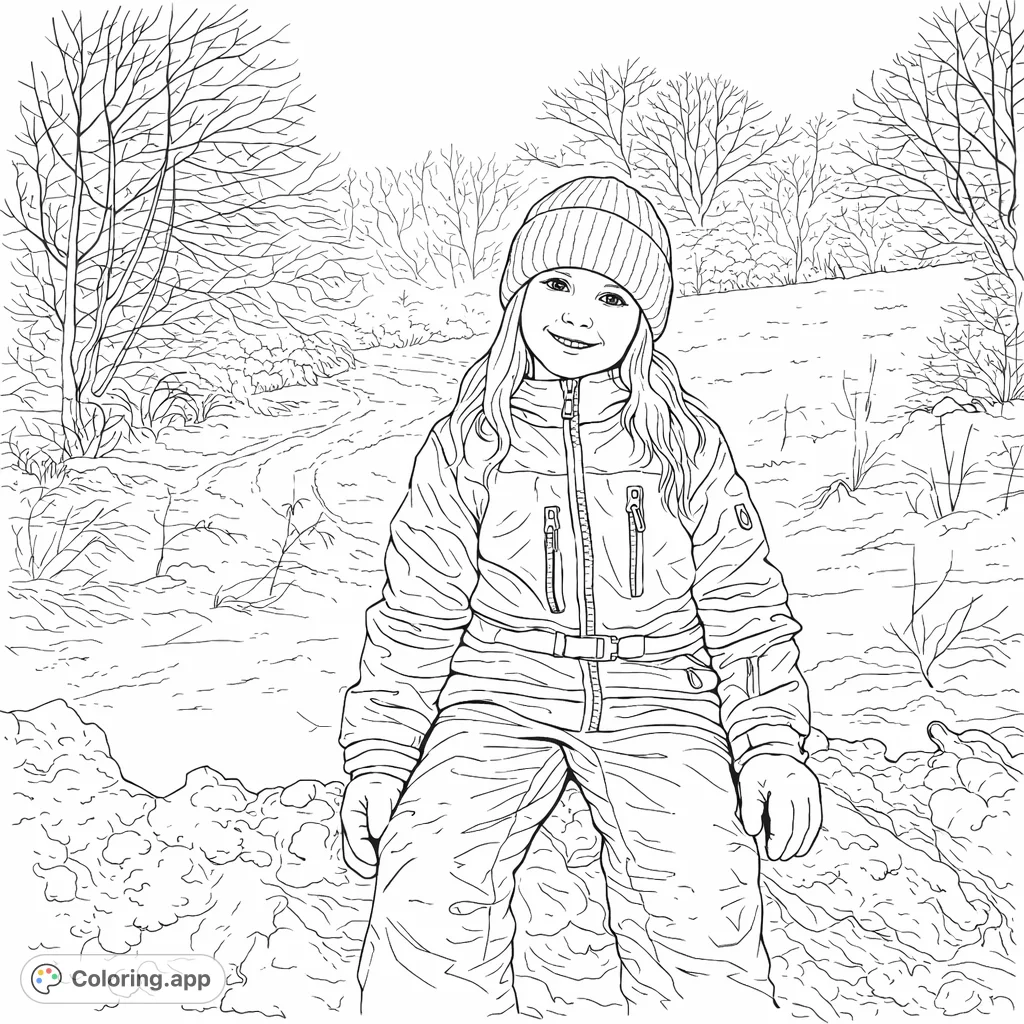 A delightful winter scene featuring a smiling child bundled in a warm jacket and hat, sitting on a snowdrift. Perfect for cozy coloring.