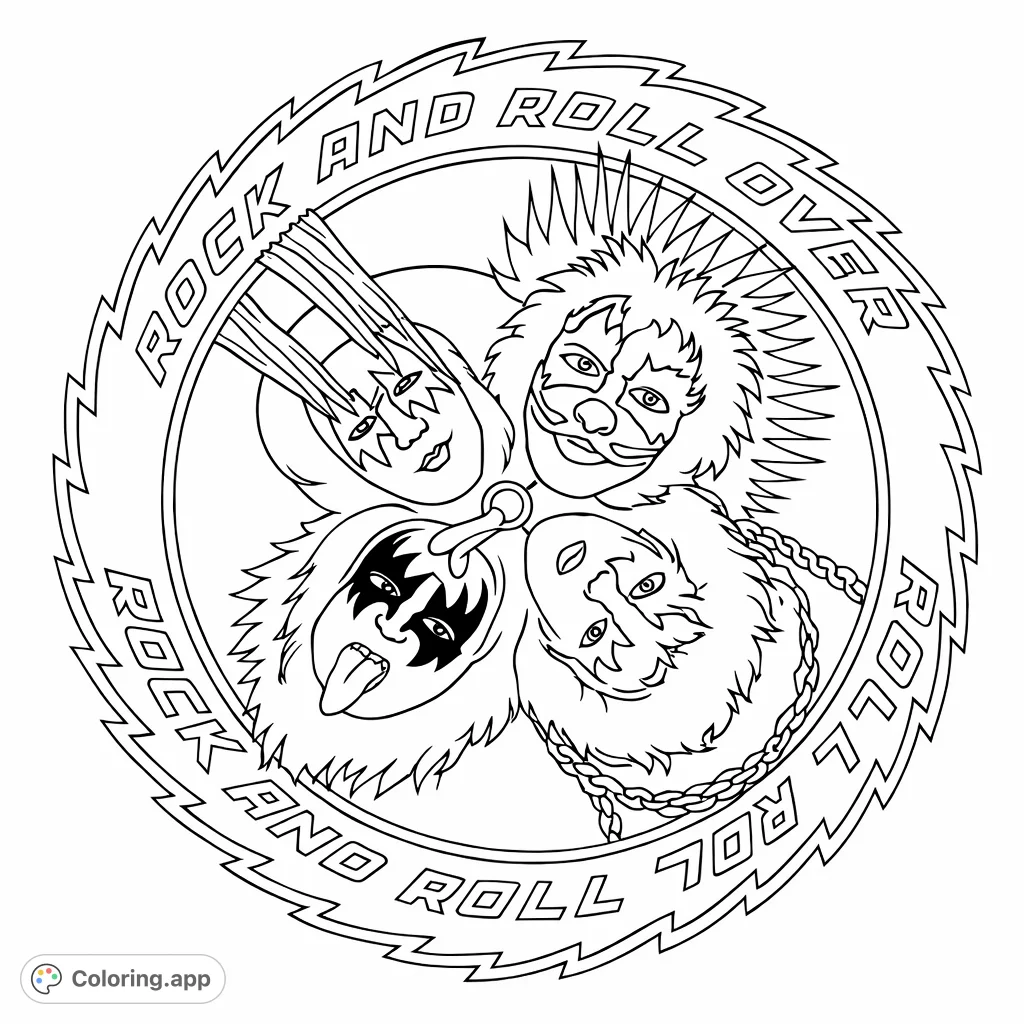 A dynamic rock and roll band logo featuring four stylized faces within a saw blade frame. Perfect for fans of music and iconic imagery.