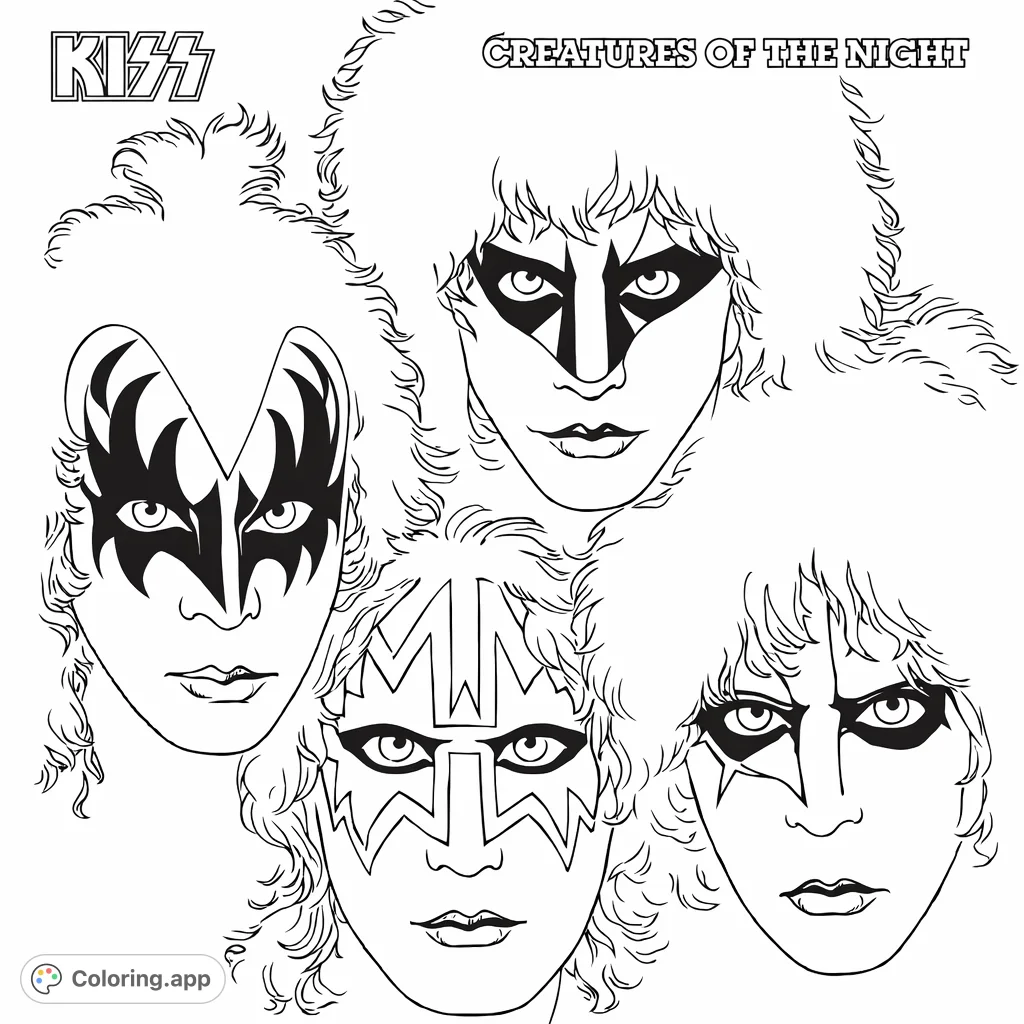 Color four iconic rock band members with unique stage makeup and textured hairstyles. A challenging and rewarding coloring experience!