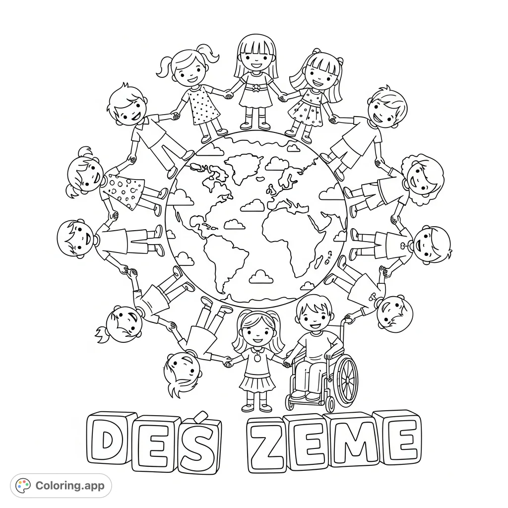 A heartwarming diversity coloring page featuring children of all backgrounds, including a child in a wheelchair, holding hands around the Earth. Celebrates unity and Earth Day.