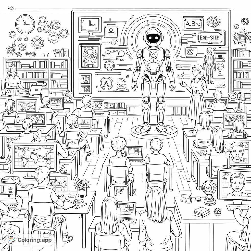 Step into a futuristic classroom where students learn alongside an AI robot and interactive displays. Explore the world of advanced technology and education.