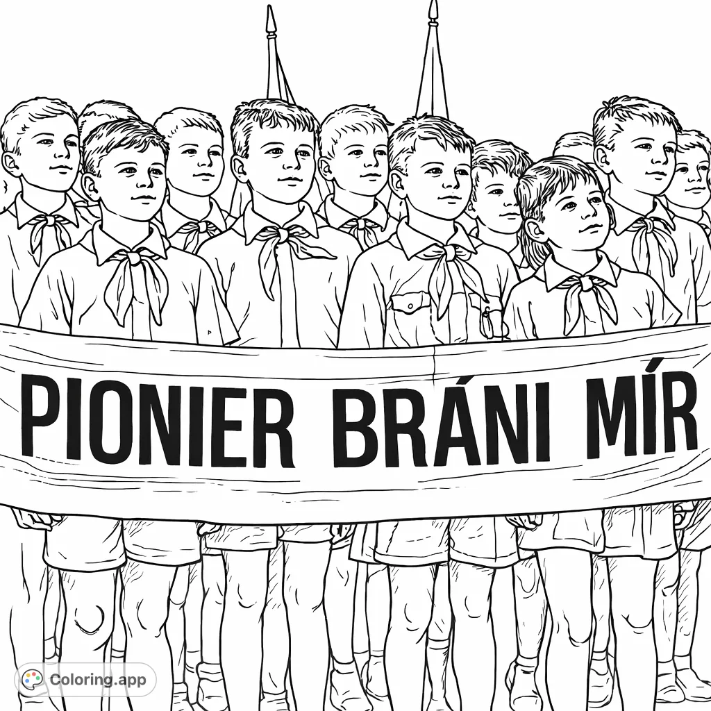 Color a historical children's parade with a prominent banner. Features uniformed youths, intricate details, and a nostalgic community theme.