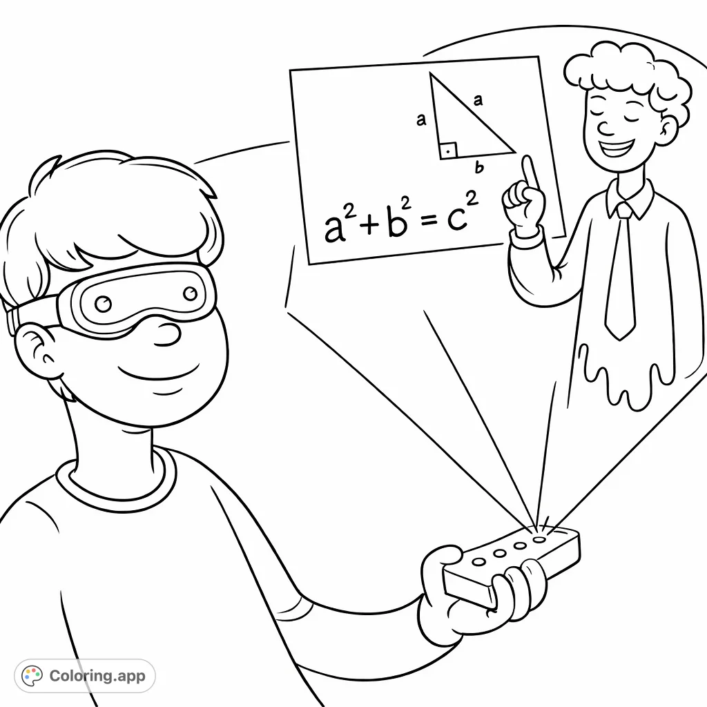 Explore the future of learning with this interactive coloring page featuring a student using a holographic device to project a math lesson with a teacher.