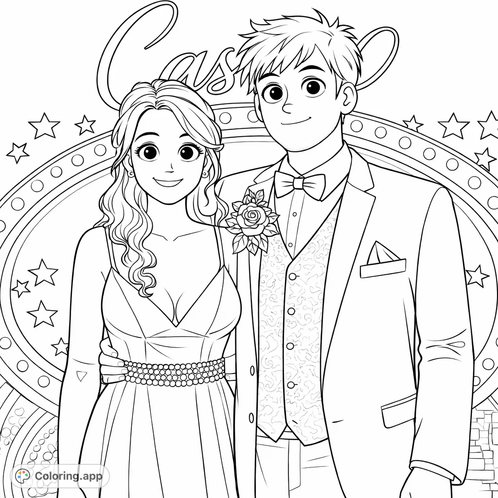 A stylish couple dressed in formal attire stands before a dazzling casino sign, ready for a night of excitement. Perfect for elegant event coloring!