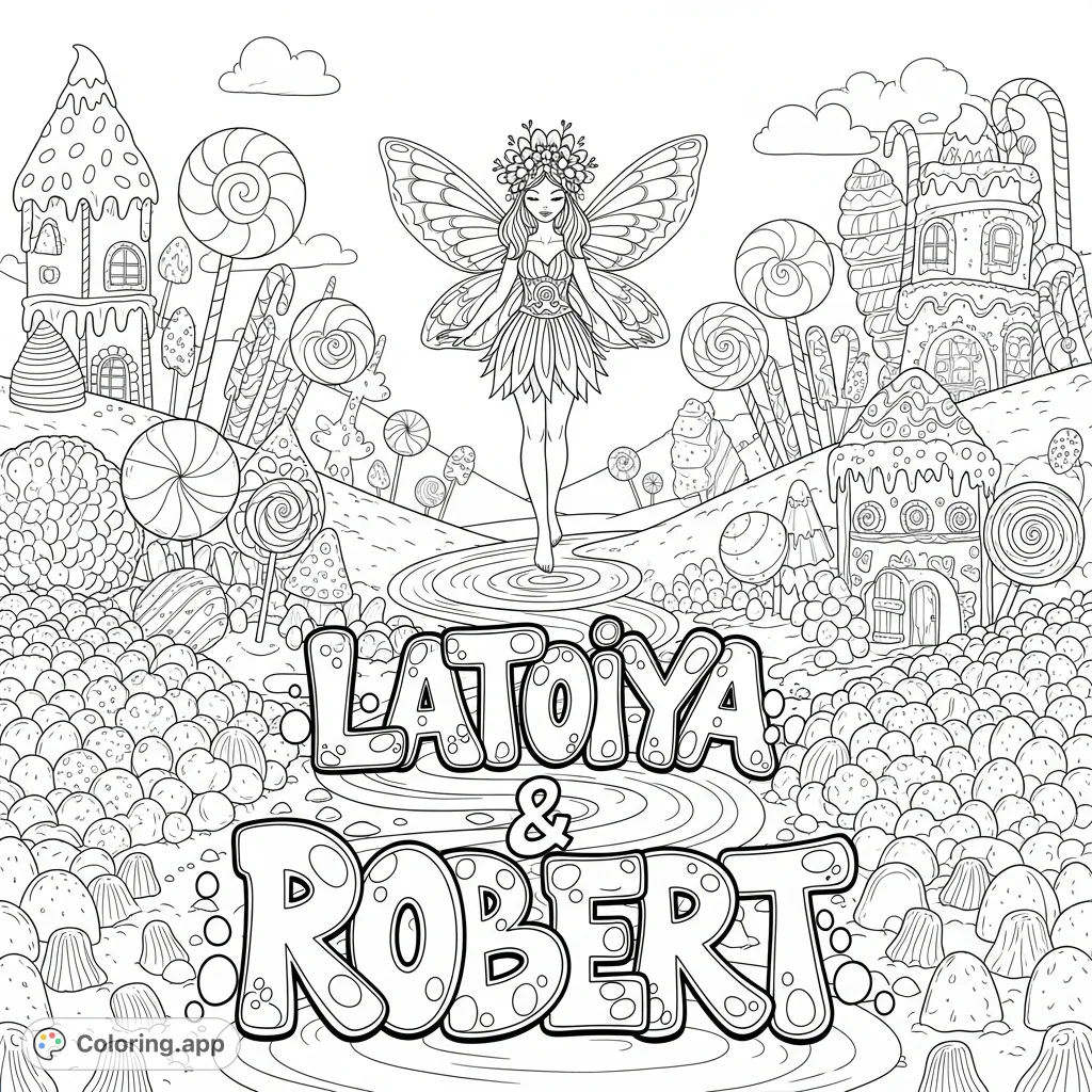 A whimsical fairy with a flower crown floats above bubbly "LaToiya & Robert" graffiti, set in a delightful Candy Land filled with treats.