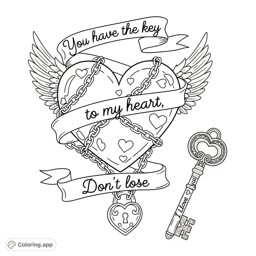 Unlock heartfelt creativity with this romantic coloring page featuring a winged heart, chains, a lock, and a special key with engraved messages.