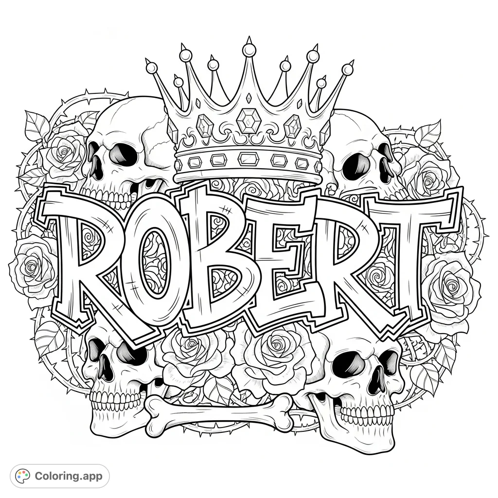 A striking Robert graffiti coloring page featuring stylized lettering, a majestic crown, detailed skulls, and beautiful roses for a personalized artistic challenge.
