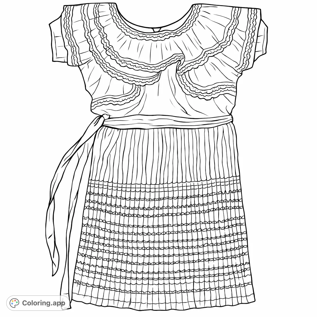 Discover this intricate traditional dress, a detailed coloring page featuring ruffles, a pleated skirt, and vibrant horizontal stripe patterns. Perfect for cultural exploration.
