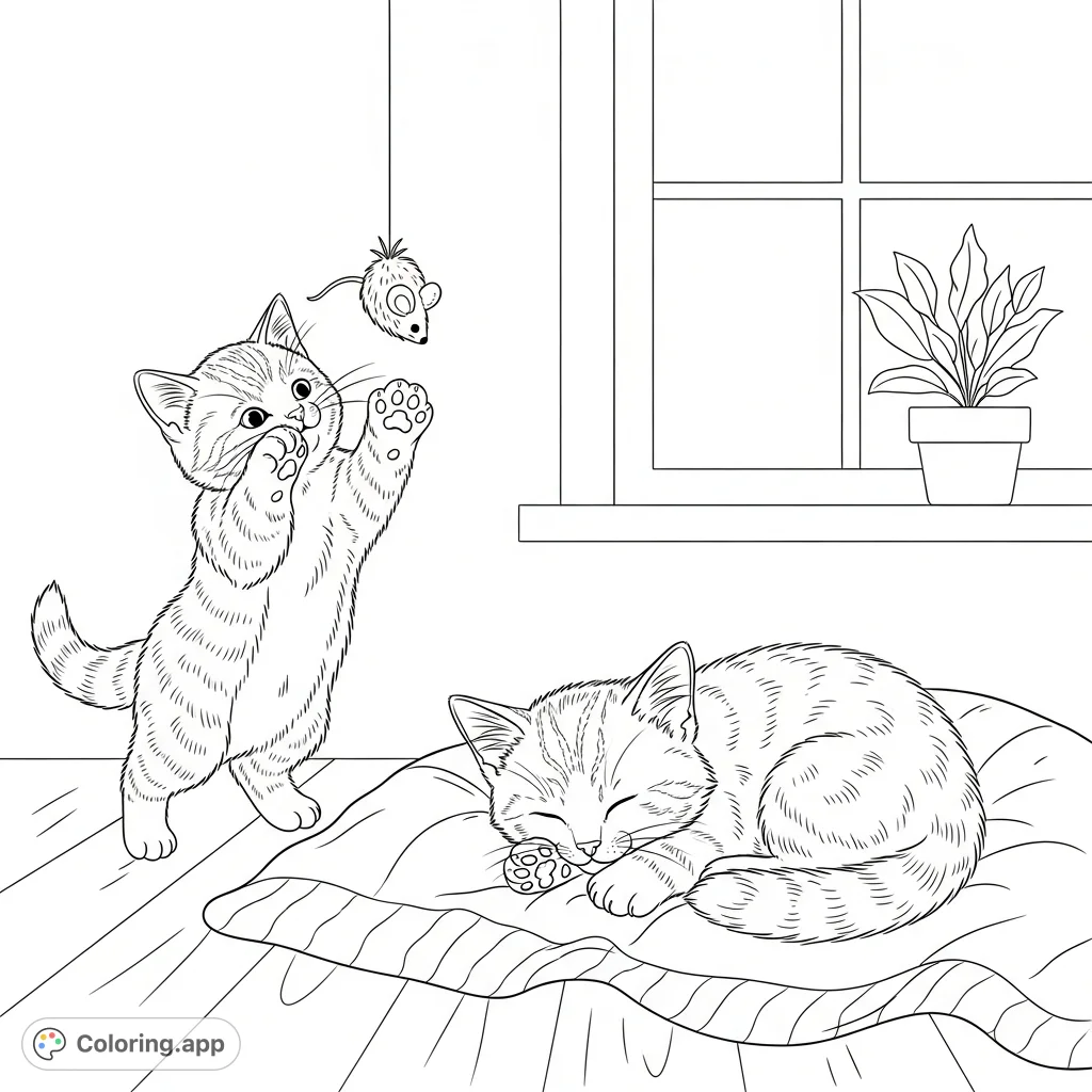 Discover two charming kittens, one napping peacefully and the other engaged in playful antics with a toy. A delightful cat coloring page perfect for relaxation.