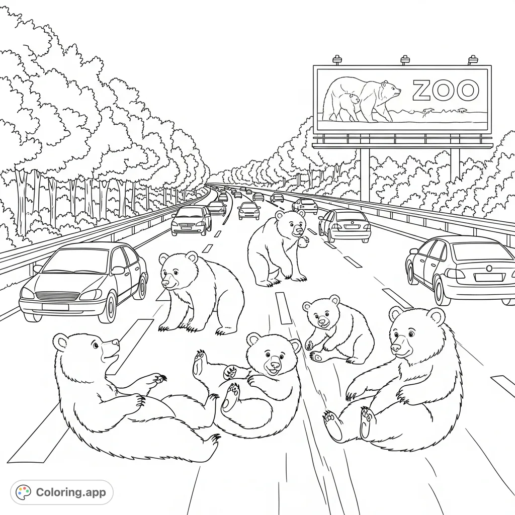 A heartwarming scene featuring a family of bears playing by a busy highway with a prominent zoo billboard, perfect for a fun, free printable coloring page.