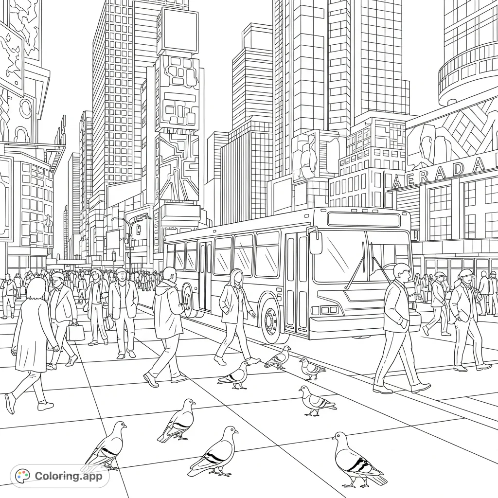 An exciting Times Square scene with towering billboards, a city bus, bustling pedestrians, and pigeons on a vibrant city street. A fun urban adventure coloring page.