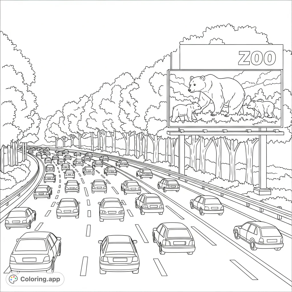 A dynamic highway scene with cars and trees, featuring a prominent zoo billboard showcasing a walking bear family. A perfect free printable coloring page.