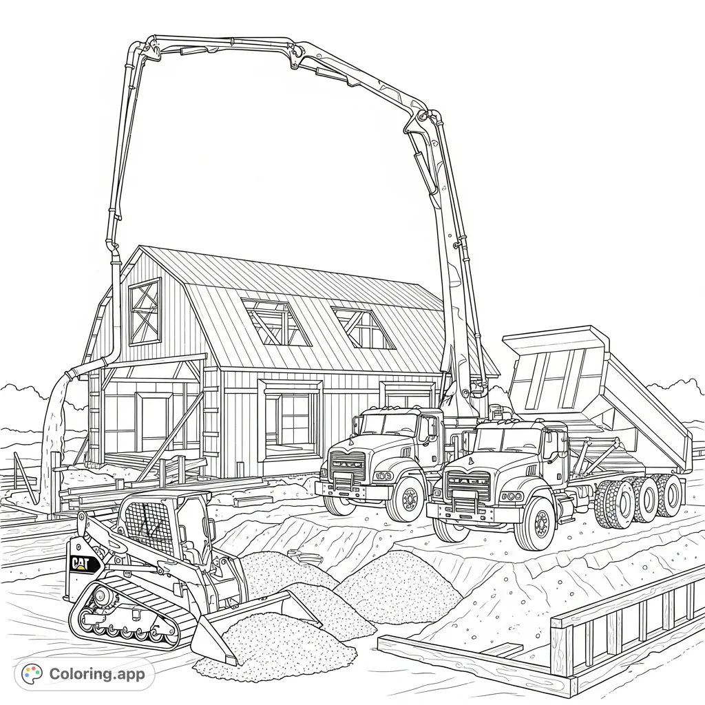 Explore a busy construction site with a Mack concrete pumping truck, Cat skidsteer, and Mack dump truck near a barn. A detailed construction vehicle coloring page.