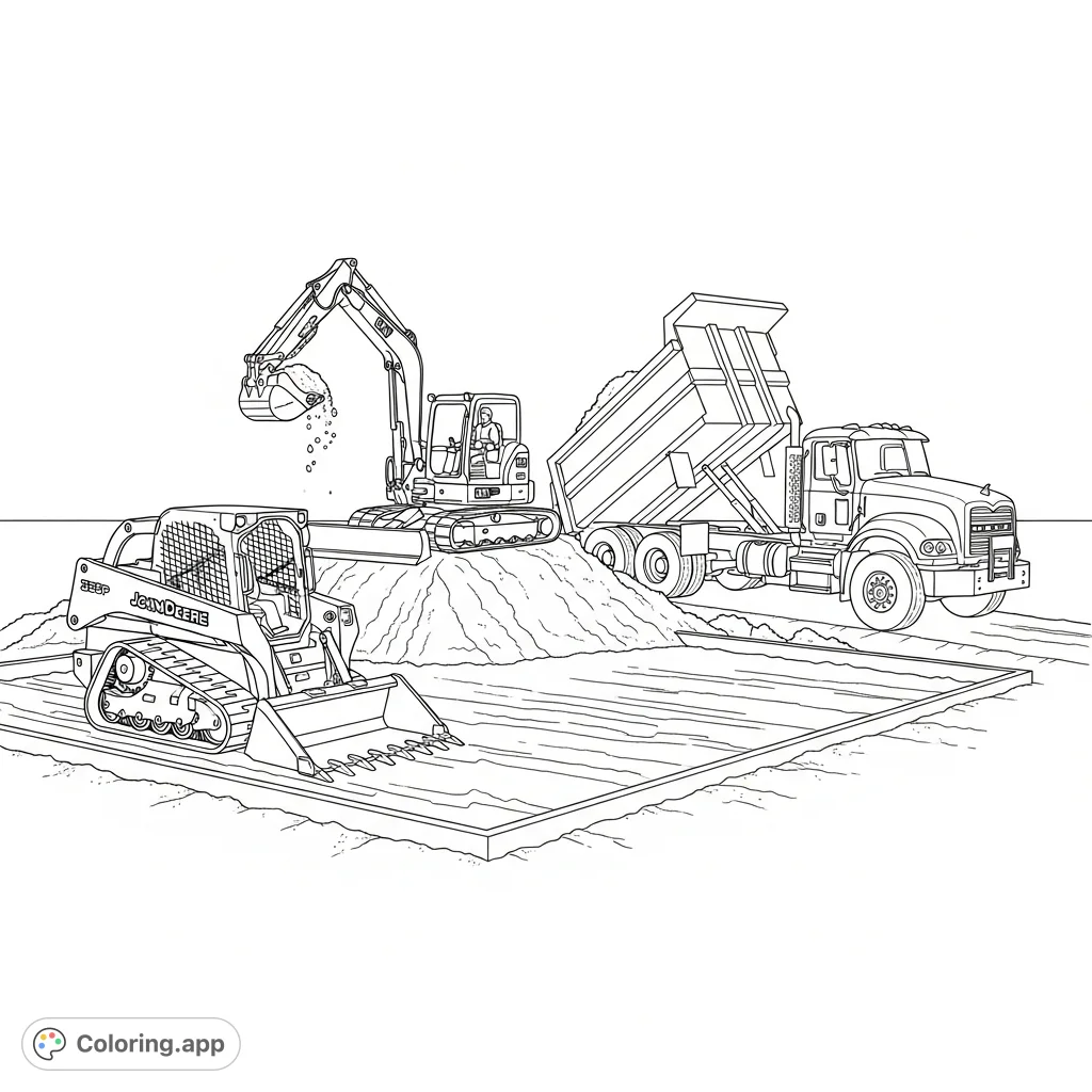 Detailed construction scene with a John Deere skid steer grading, a Cat mini excavator loading a Mack dump truck, perfect for heavy machinery enthusiasts.