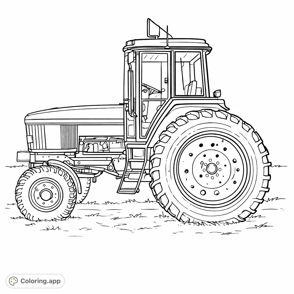 Detailed farm tractor coloring page featuring a powerful machine in a rural setting, perfect for enthusiasts of all ages. Enjoy the intricate details!