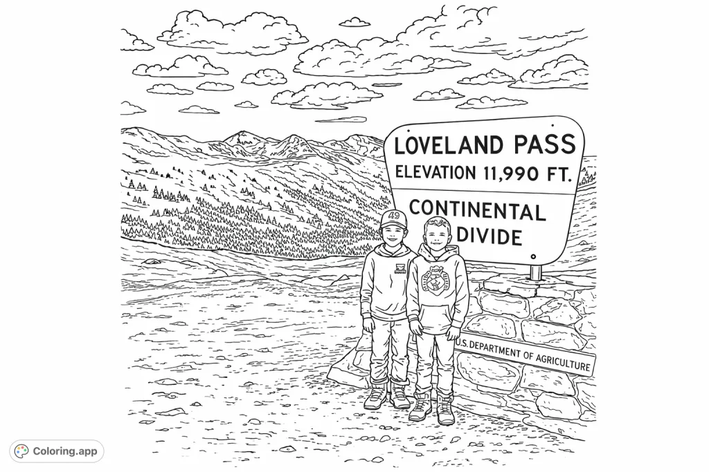 Explore a high mountain pass scene with two kids by a landmark sign. Features snowy peaks, evergreen forests, and a vast sky, perfect for a nature adventure coloring page.