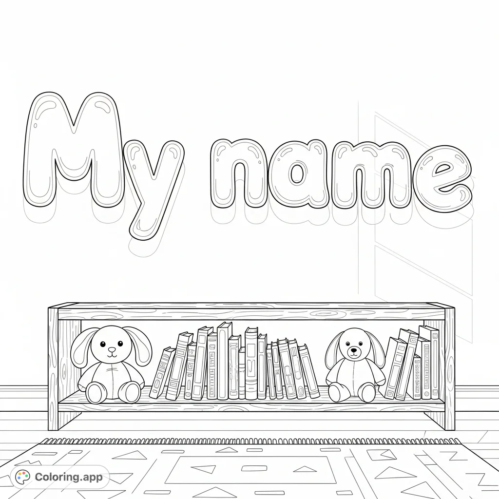Color "My name" in bubble letters above a cozy shelf with storybooks and plush toys. A delightful, personalized scene for any child's room.