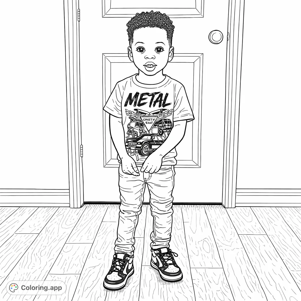 A charming coloring page featuring a young child in a monster truck shirt and jeans, standing playfully, ready for creative expression.