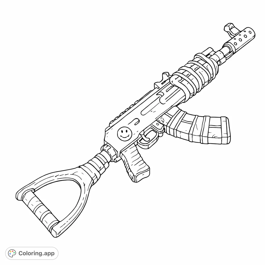 Color a unique, rugged rifle featuring a shovel-handle stock, tape-wrapped magazine, and a playful smiley face detail. Perfect for enthusiasts of resourceful creations.