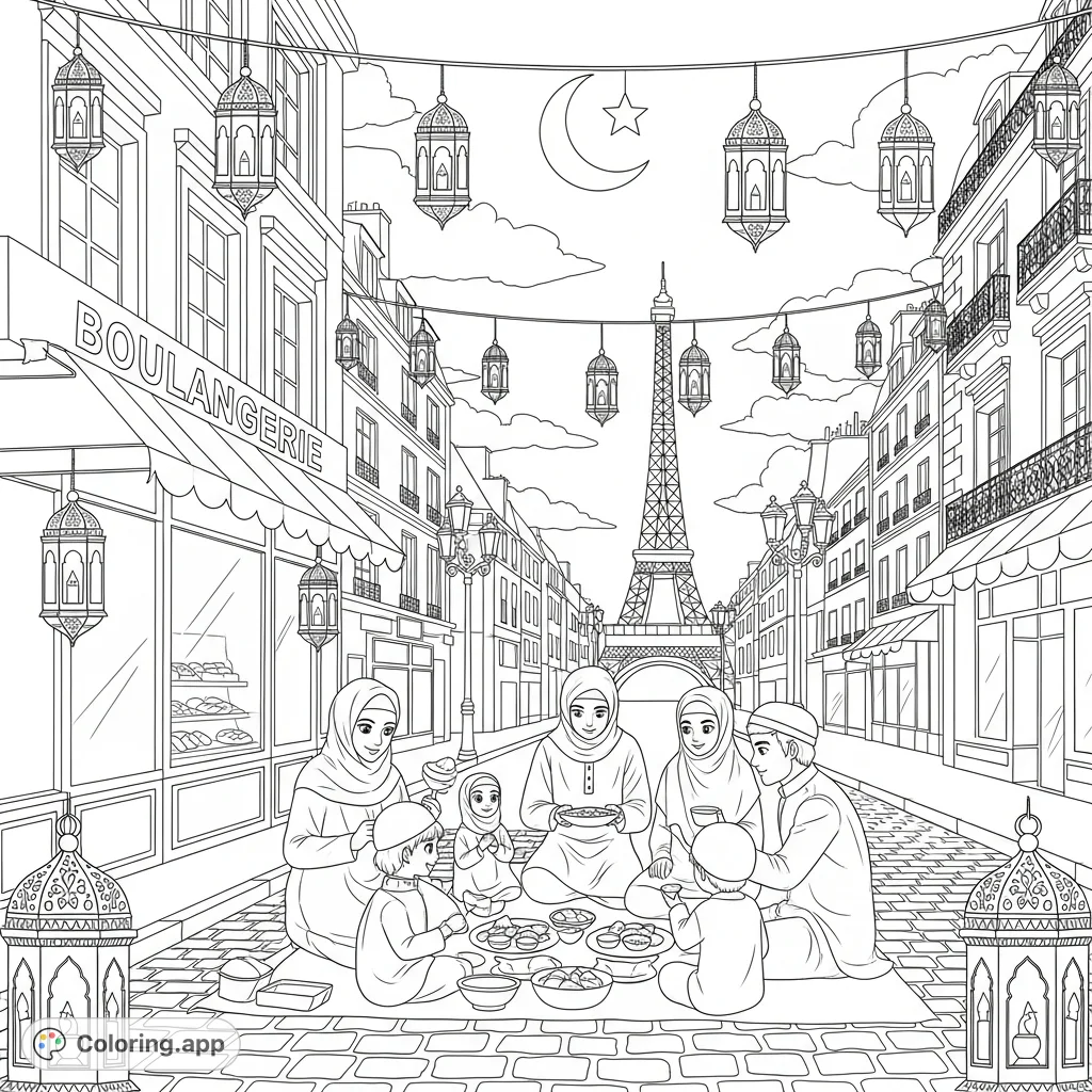 Experience a heartwarming Ramadan in Paris. A family shares a meal near a boulangerie, with the Eiffel Tower, lanterns, and a crescent moon illuminating the scene.