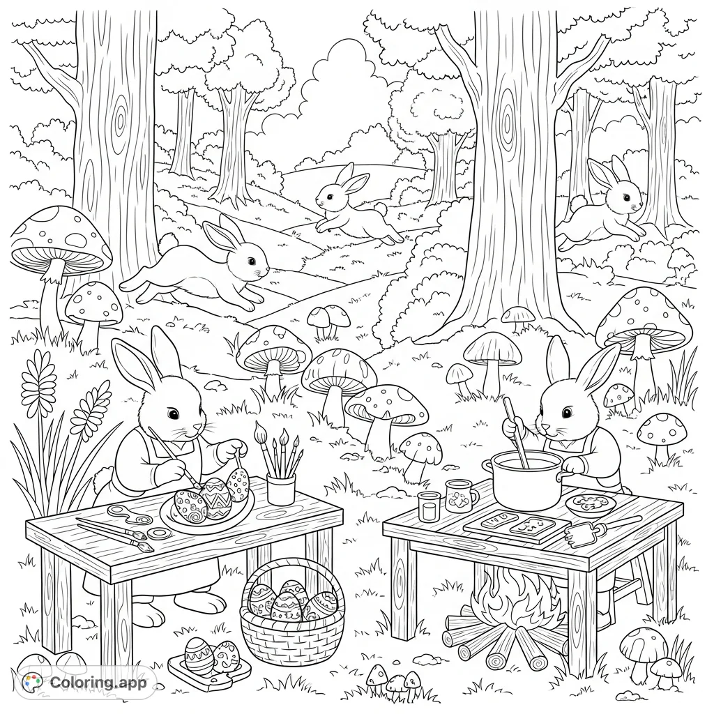 A whimsical scene with adorable rabbits enjoying a magical countryside. They paint eggs, cook treats, and play amongst trees and mushrooms.