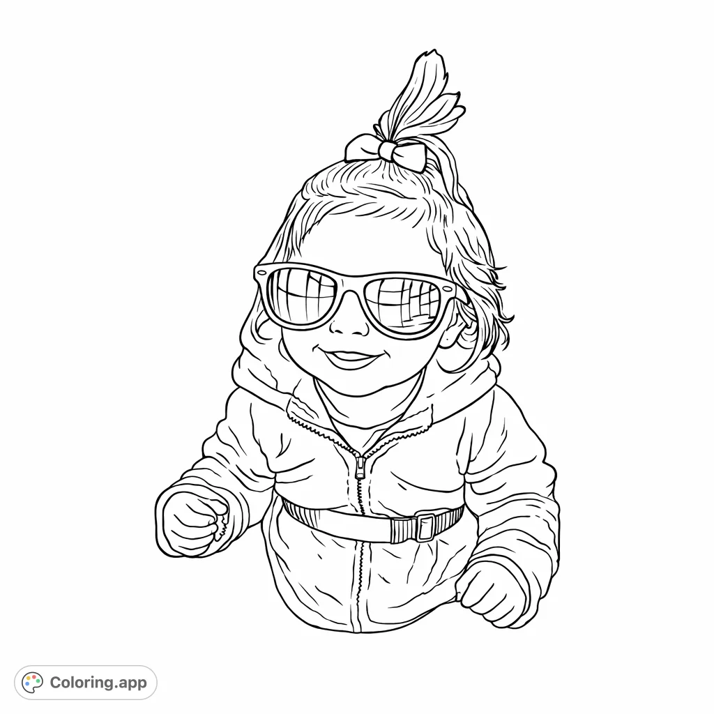 Color this adorable cool kid wearing trendy oversized sunglasses and a cozy jacket. A fun, free printable coloring page perfect for creative expression.