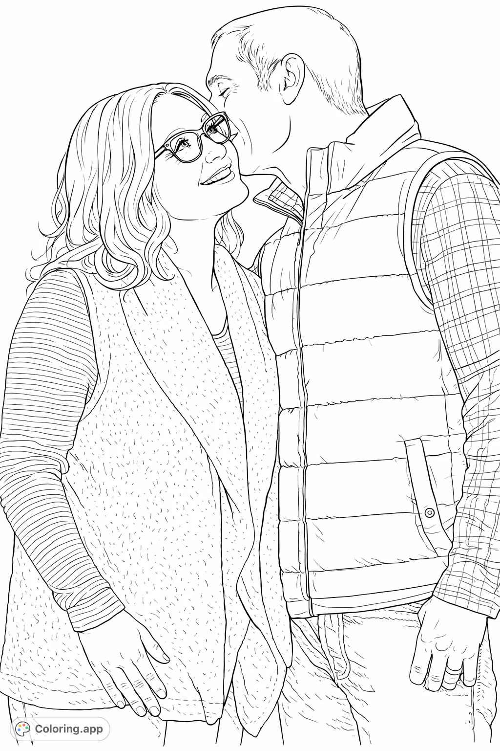 Capture a heartfelt moment with this couple's embrace coloring page. A tender kiss, warm smiles, and detailed clothing await your creative touch.