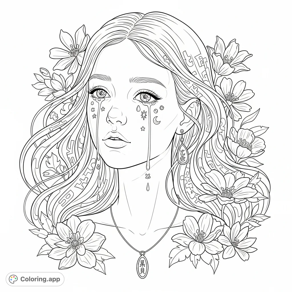 An intricate adult coloring page featuring a delicate girl with flowing hair, symbolic tears, hidden words in jewelry, and subtly distorted flowers.