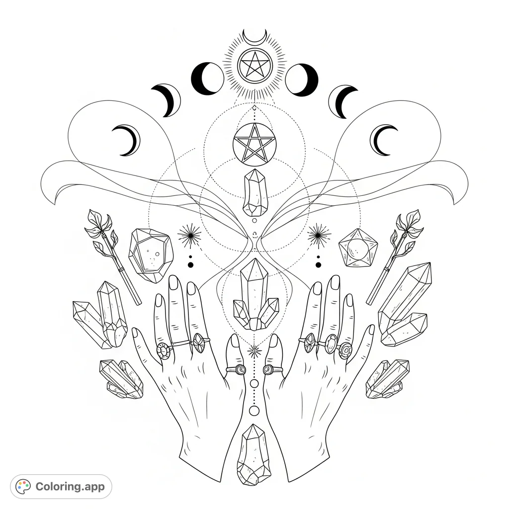 Explore a mystical journey with this adult coloring page featuring elegant hands, sparkling crystals, celestial moon phases, and ancient tarot symbols interwoven with flowing energy.