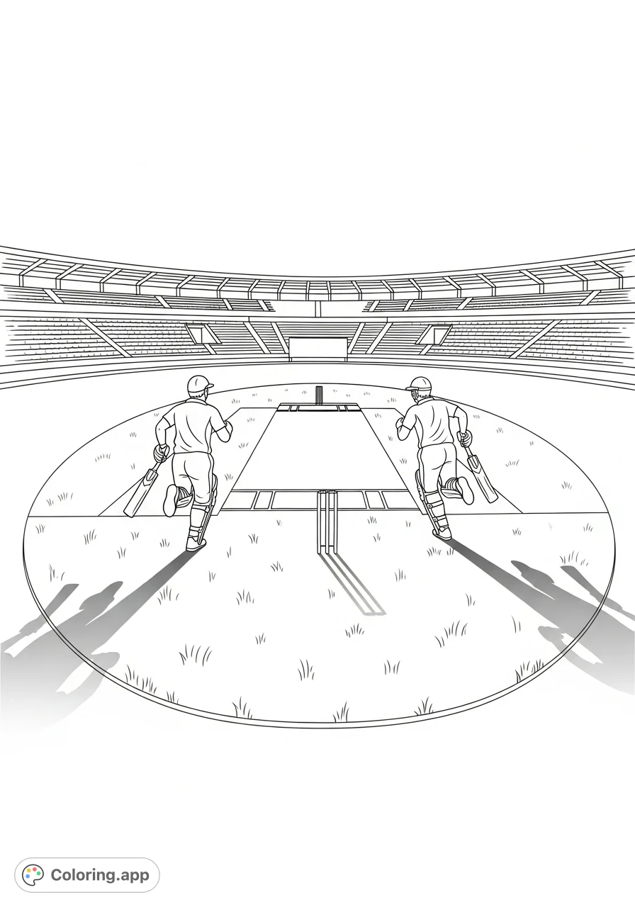 Dynamic cricket coloring page showcasing players on a vast oval field with a stadium background at sunrise, perfect for sports enthusiasts and relaxation.