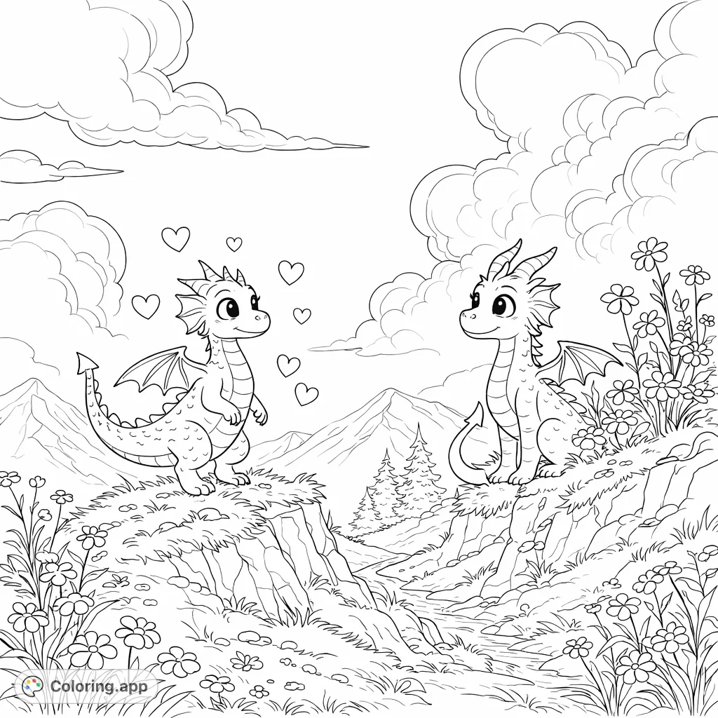 Explore a heartwarming dragon friendship scene set amidst a beautiful mountain landscape. Featuring two adorable dragons, flowers, and a serene valley.